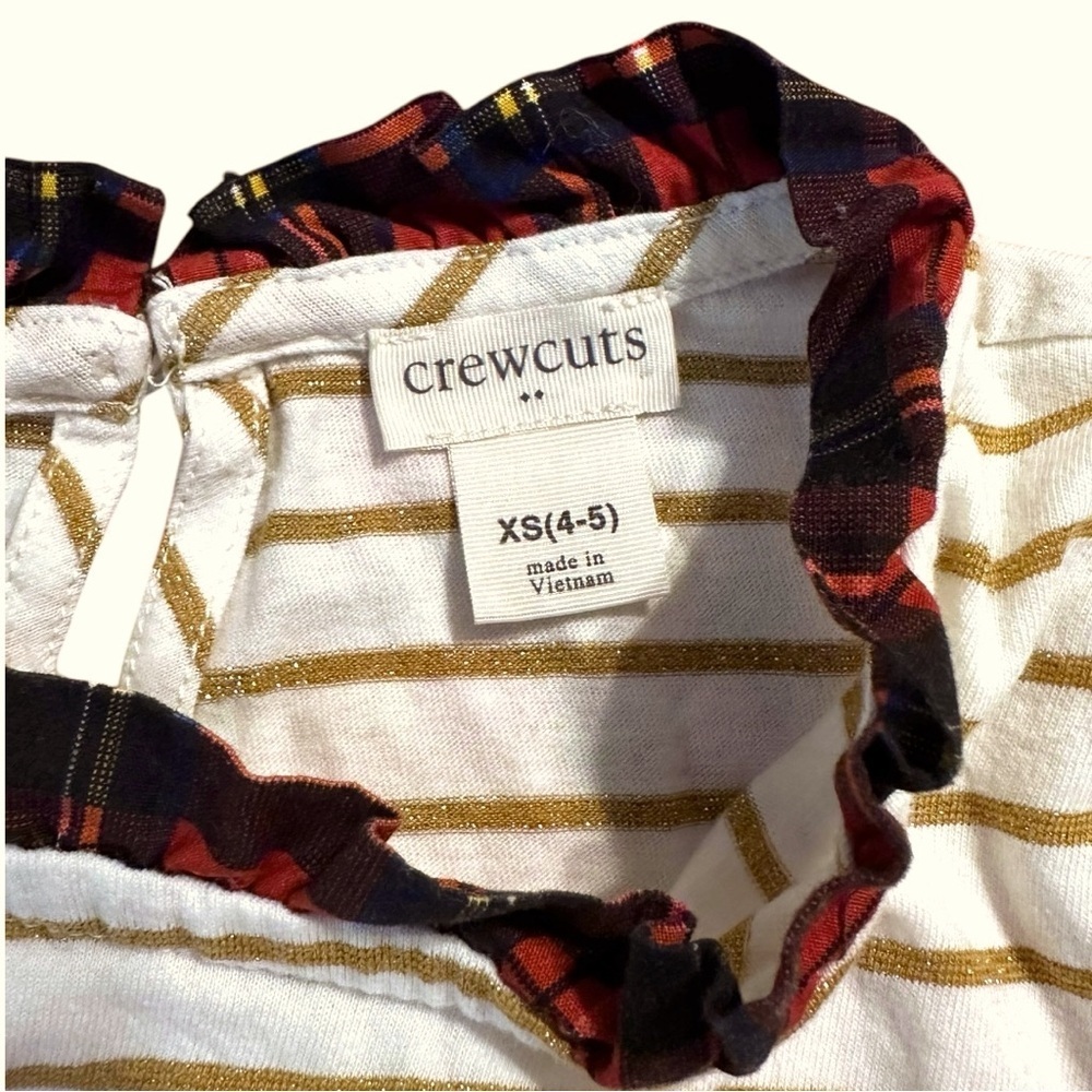 Crewcuts Girls Gold Striped Long Sleeve Top with Plaid Ruffle Neck XS (4-5) - Picture 3 of 6